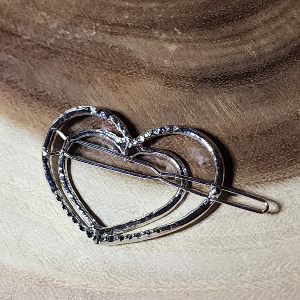 Elegant Hair Clip or Barrette with Silver Tone, Crystal Encrusted Double Hearts